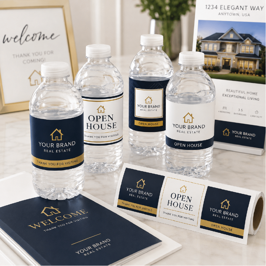 Custom Real Estate Open House Water Bottle Labels by DFW Stickers